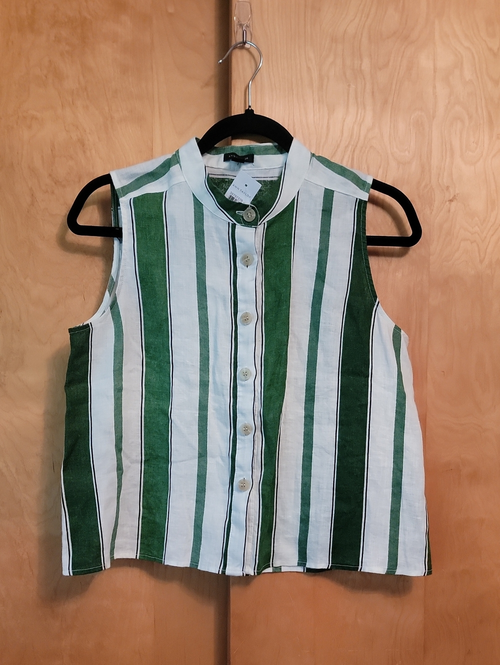 Ann Taylor Green and White Linen Striped Sleeveless Button-Down Top